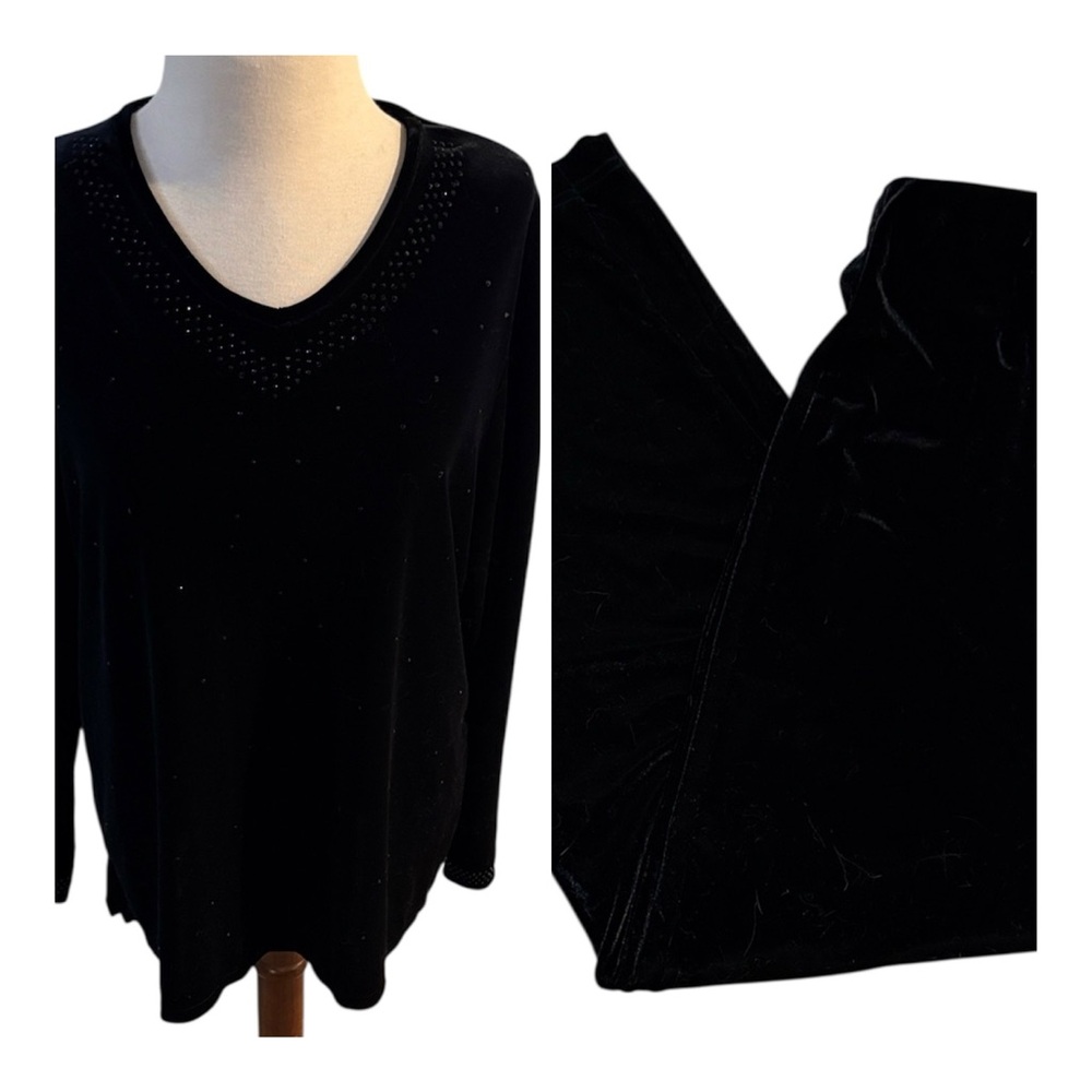 Jaclyn Smith Black Velvet Pant Set Long Sleeve Embellished Top